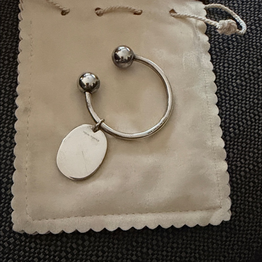 Tiffany & Co. Authentic Silver Ball-End Cuff Key Ring with Oval Dog Tag
